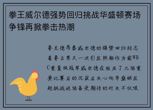 拳王威尔德强势回归挑战华盛顿赛场争锋再掀拳击热潮